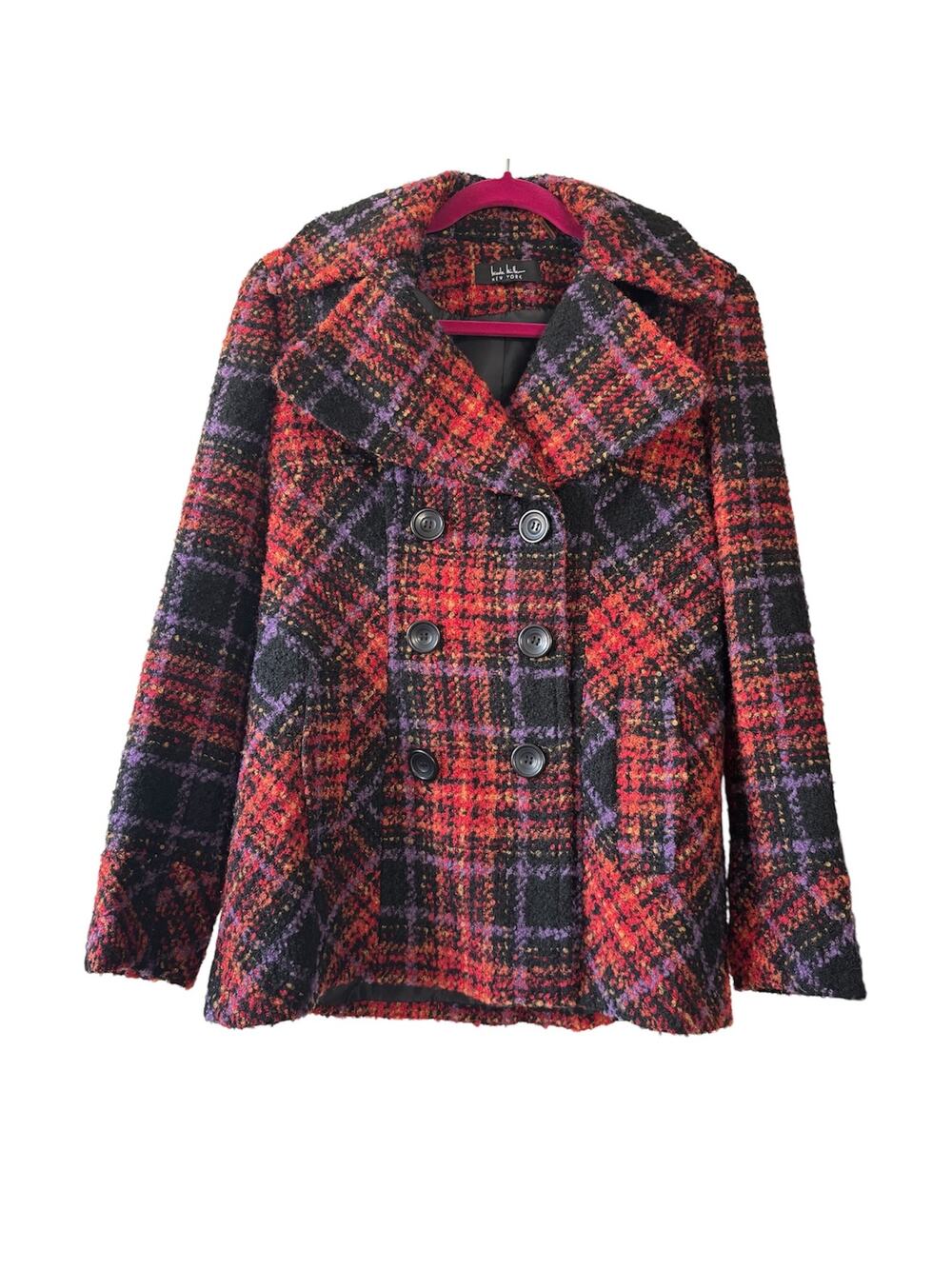 Nicole Miller New York Plaid Wool-Blend Coat Pea Coat Jacket Women’s Size Small